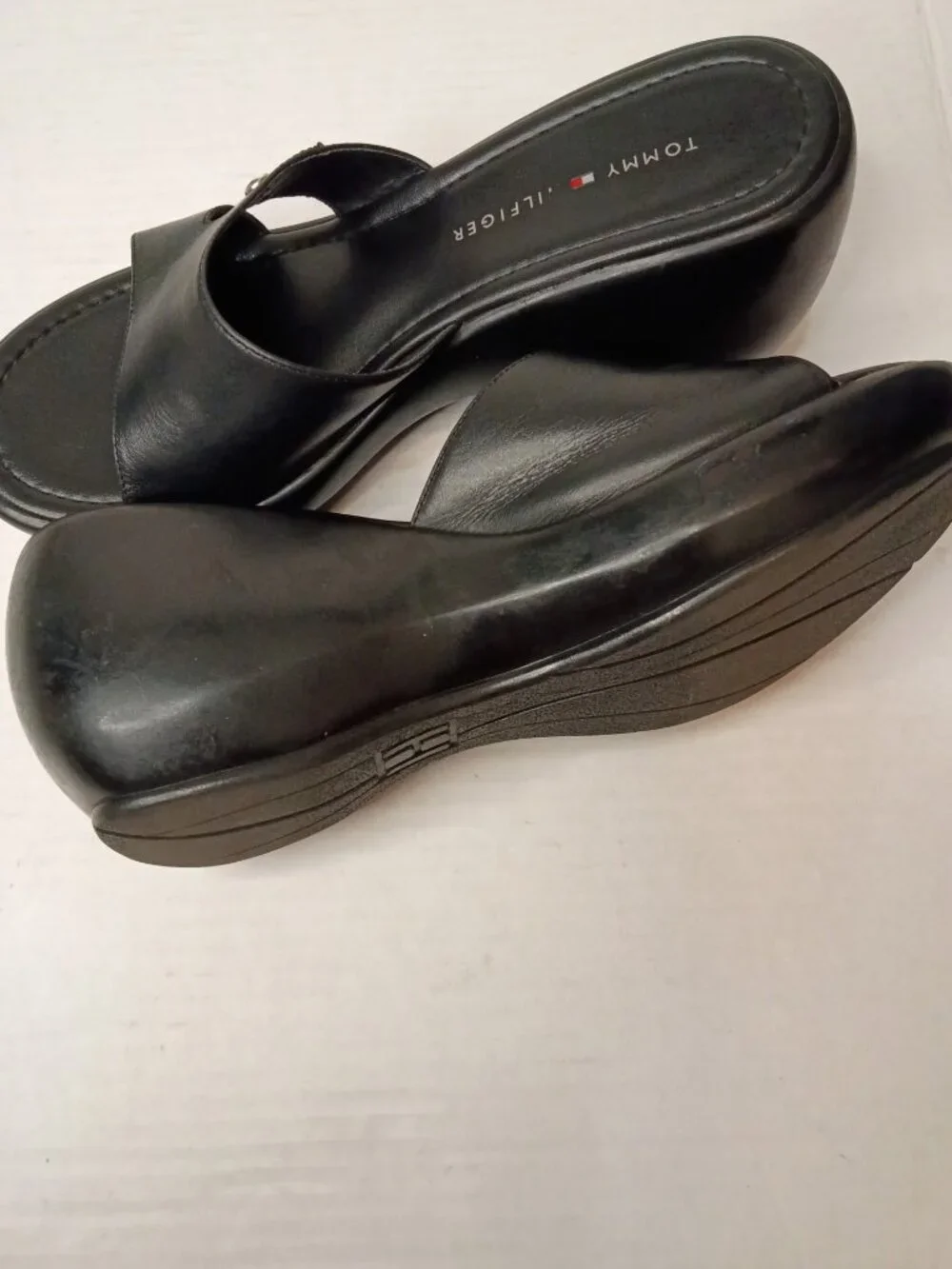 Tommy Hilfiger Black Leather Y2K Platform Wedge Slides Women’s Size 9M